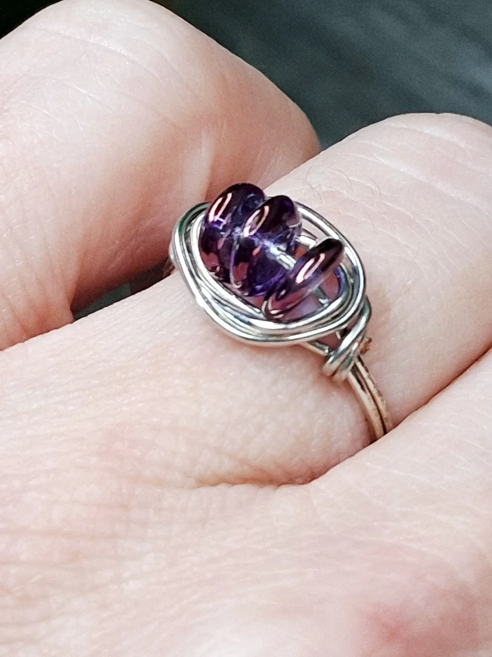Silver Wire Ring with Purple Czech Glass Beads 6